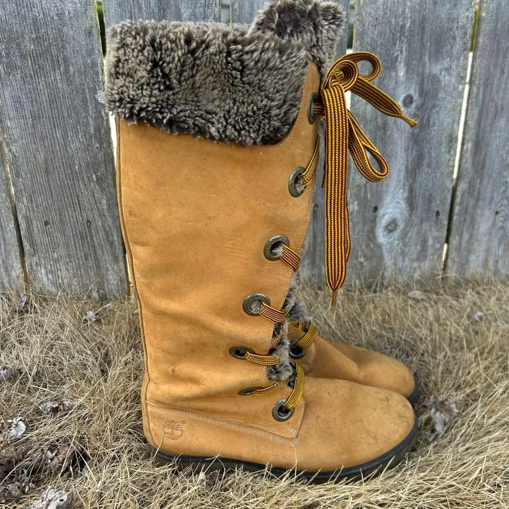 Timberland Wheat Nubuck Faux Fur Tall Lace Up Winter Boots‎ 91335 Womens 8.5 M